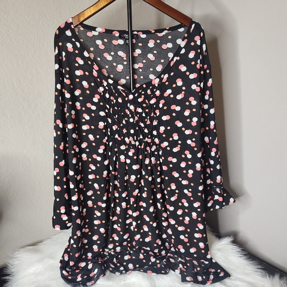 Cocomo Woman Tunic Women 3X Black Polka Dot Smocked V-Neck Bell Sleeve